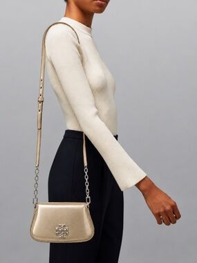 $395 TORY BURCH BRITTEN CROSSOVER CLUTCH HANDBAG BAG PURSE METALLIC GOLD LEATHER